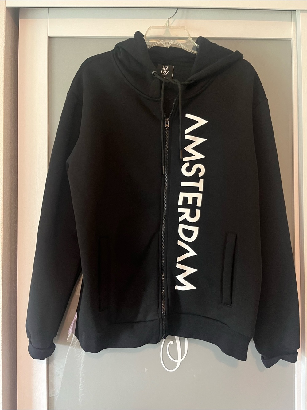 FOX Amsterdam Black Zip-Up Hoodie with Bold White Script 356